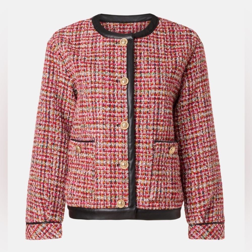 English Factory Faux Leather Trim Tweed Blazer Jacket Size Small